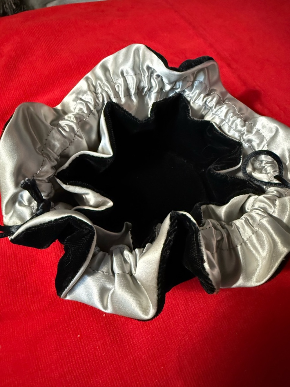 Satin Drawstring Jewelry Pouch in Silver and Black